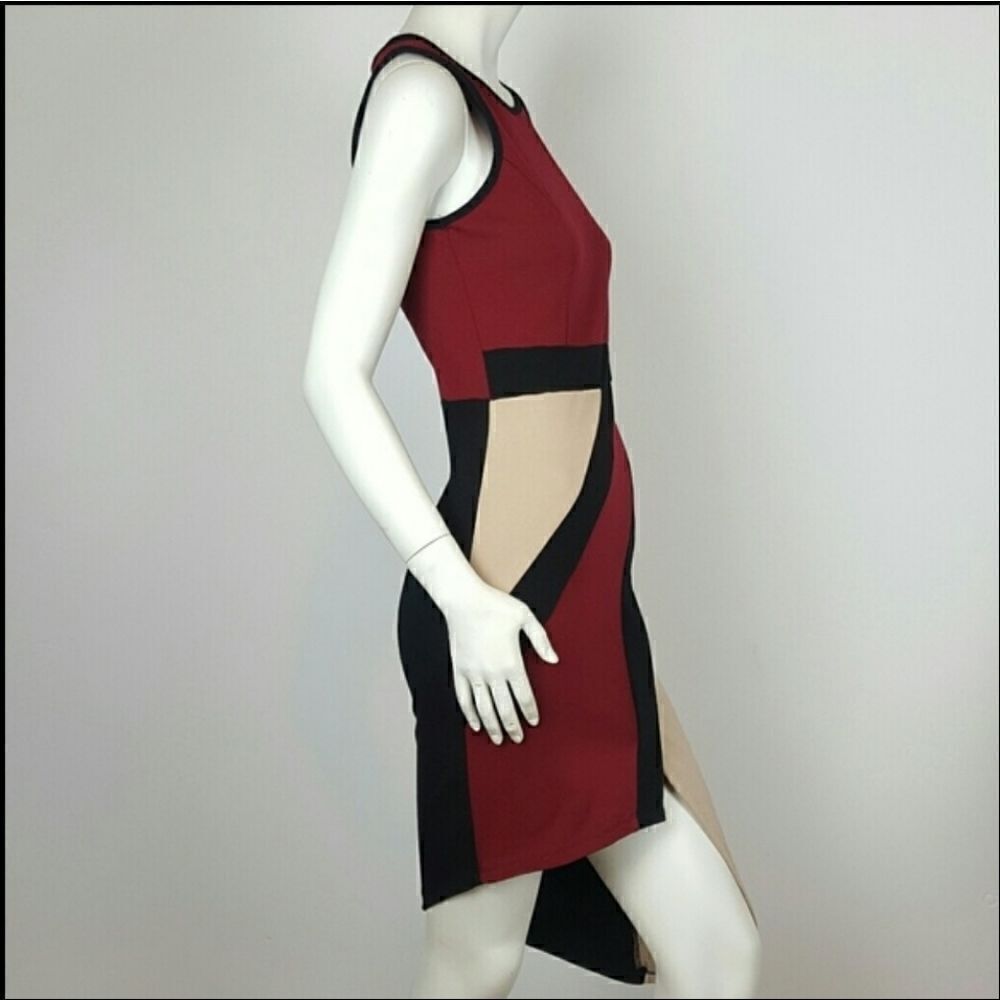 BODYCON MIDI DRESS MULTICOLOR BURGANDY-BLACK- CREAM ASIMETRICAL‎ - Picture 3 of 5